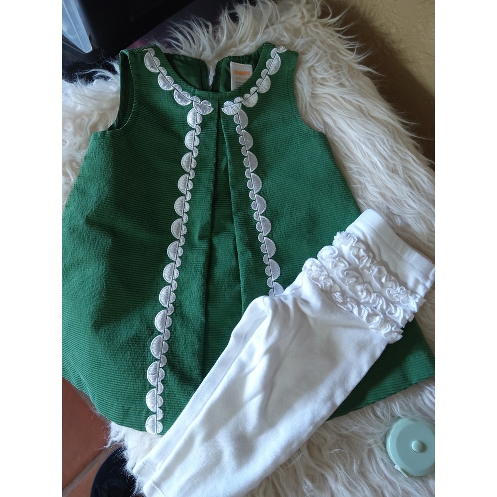 Gymboree Green Corduroy Holiday Dress & Carters Ruffle Leggings Set 6-12M